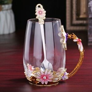 BNIB FLOWER GLASS & ENAMEL & CRYSTAL TEA OR COFFEE MUG WITH MATCHING SPOON  SET